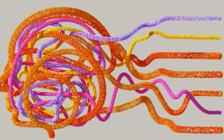Abstract illustration of artificial intelligence and business technology, featuring a colourful network of interconnected orange, yellow, pink and purple data strands forming a complex digital brain shape with flowing connections extending outward.
