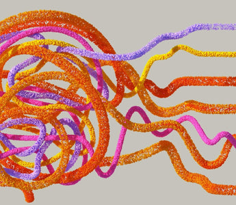 Abstract illustration of artificial intelligence and business technology, featuring a colourful network of interconnected orange, yellow, pink and purple data strands forming a complex digital brain shape with flowing connections extending outward.