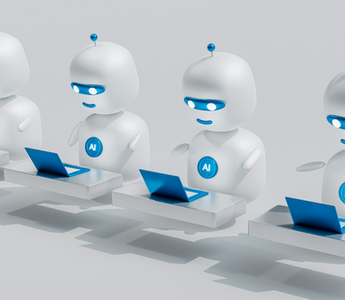 Four white AI robots with blue accents sitting at desks using laptops, symbolising artificial intelligence automating audit and accounting work.