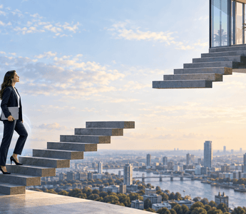 Young professional holding a laptop on a staircase with missing steps leading to an executive office, symbolising gaps in career progression.