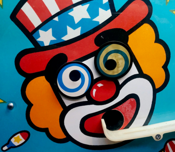 Colourful carnival clown face with spiral eyes and a patriotic hat, symbolising irony and misplaced judgment in a story about AI misuse in professional training.
