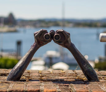 Sculpted bronze arms holding binoculars overlooking a blurred waterfront, symbolising looking ahead or forecasting the future in business.