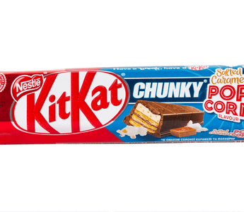 KitKat Chunky Salted Caramel Popcorn flavour bar in its colourful red, blue and white packaging, highlighting Nestlé’s bold and creative limited-edition flavour innovations.