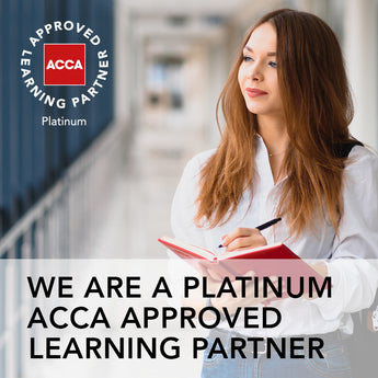 Woman holding a notebook with ACCA Approved Learning Partner logo and text.