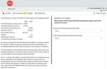 Exam mock interface with financial data and question on a computer screen