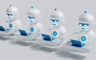 Four white AI robots with blue accents sitting at desks using laptops, symbolising artificial intelligence automating audit and accounting work.