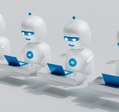 Four white AI robots with blue accents sitting at desks using laptops, symbolising artificial intelligence automating audit and accounting work.