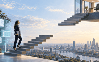 Young professional holding a laptop on a staircase with missing steps leading to an executive office, symbolising gaps in career progression.
