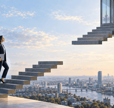 Young professional holding a laptop on a staircase with missing steps leading to an executive office, symbolising gaps in career progression.