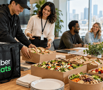 Courier delivering sandwiches, salads and fruit for an office lunch, with an Uber Eats bag beside the meeting table.