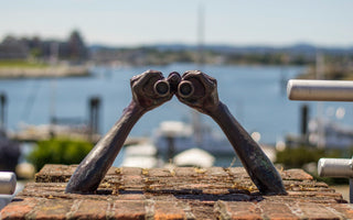 Sculpted bronze arms holding binoculars overlooking a blurred waterfront, symbolising looking ahead or forecasting the future in business.