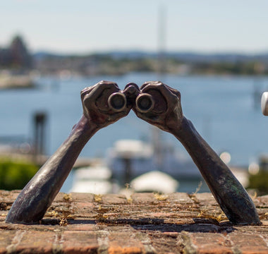 Sculpted bronze arms holding binoculars overlooking a blurred waterfront, symbolising looking ahead or forecasting the future in business.