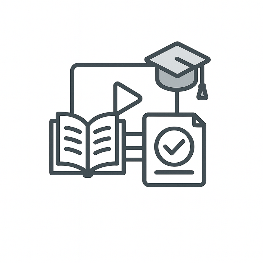 Icon of a book, graduation cap, and checkmark on a white background