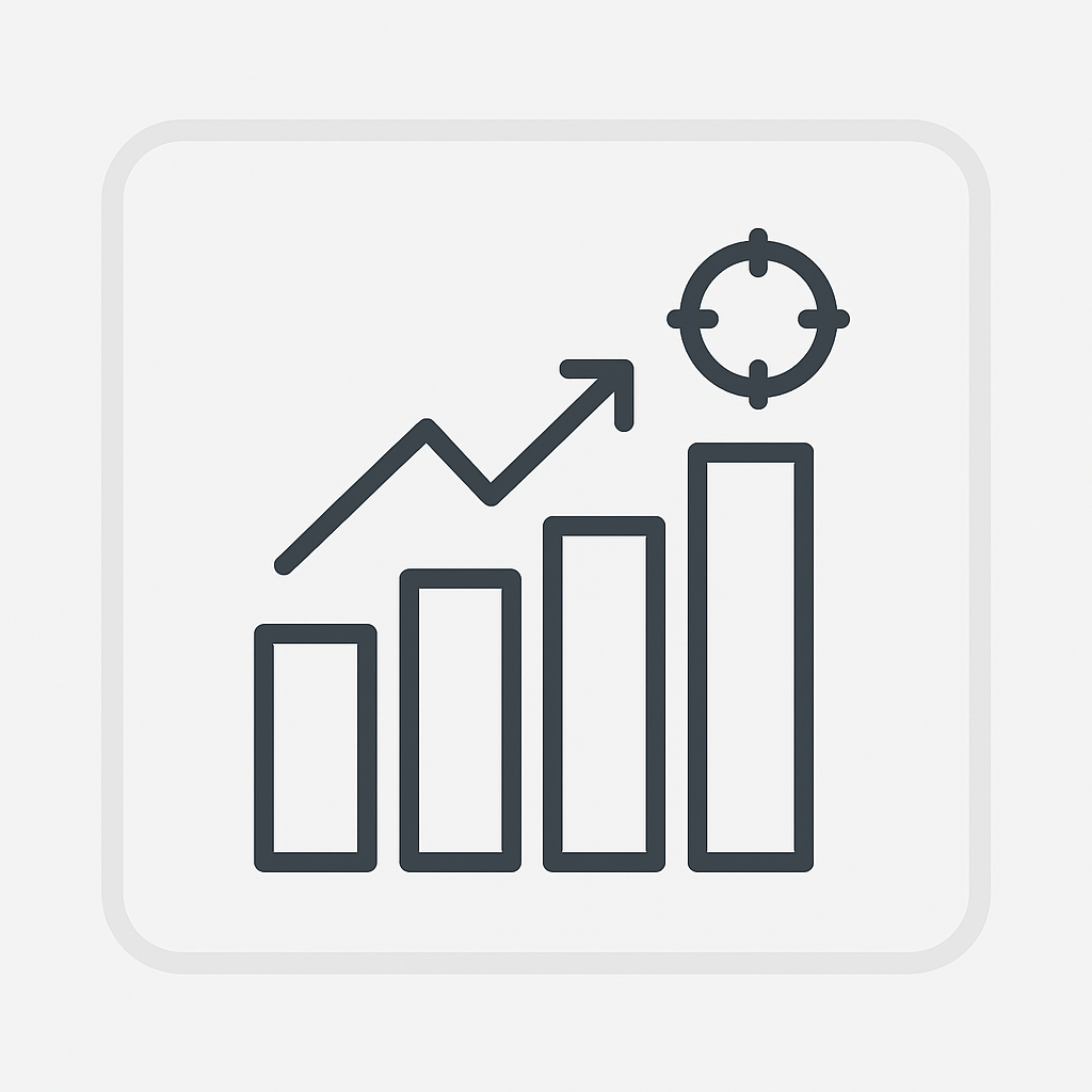 Icon of a bar chart with an upward arrow and a target symbol, on a light gray background.