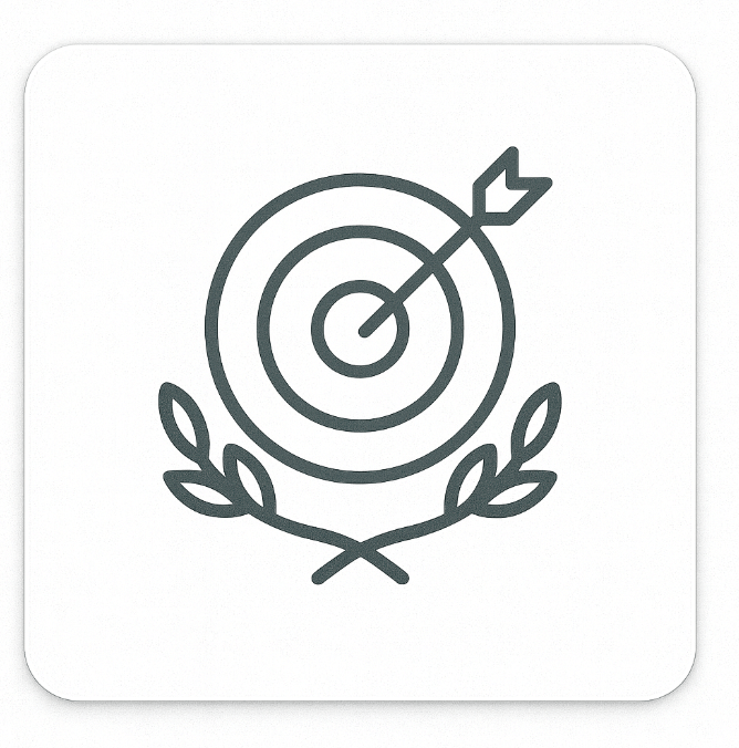 Icon of a target with an arrow in the center, surrounded by a laurel wreath on a white background.