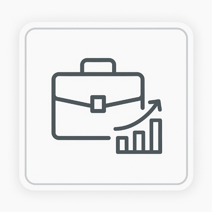 Flat minimalist icon showing a dark grey briefcase with an upward arrow and bar chart on a light-grey background, symbolising career growth and professional opportunities available through ACCA qualifications.