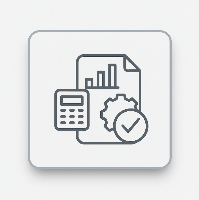 Flat minimalist icon depicting a document with bar charts, a calculator, and a cogwheel on a light-grey background, symbolising comprehensive financial, analytical, and management skills developed through ACCA courses.