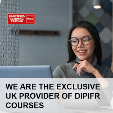 Finance professional using a laptop next to the ACCA Registered Learning Partner emblem, showcasing ExP’s exclusive UK DipIFR course offering.