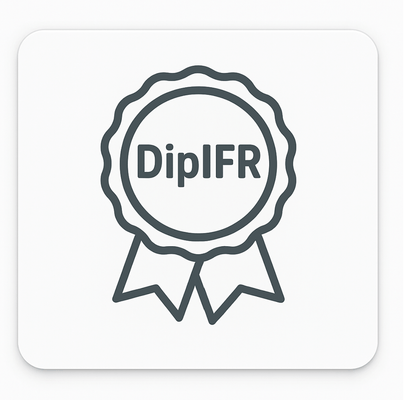 Flat minimalist icon showing a circular badge with ribbon tails and the text “DipIFR” in clean sans-serif font, symbolising the Diploma in International Financial Reporting qualification.