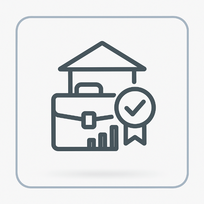Flat minimalist icon featuring a briefcase, office building roof, and checkmark badge, symbolising that the ACCA qualification is trusted and preferred by top employers worldwide, including Big 4 firms and multinationals.
