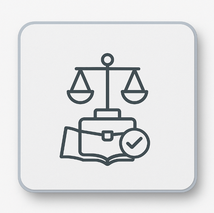 Flat minimalist icon depicting a dark grey balance scale above an open book, symbolising ACCA’s strong focus on ethics and professionalism at the core of every student’s journey.