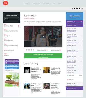 Educational website interface with course navigation and video player
