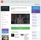 Educational website page about accounting and finance functions with a video player and course outline.