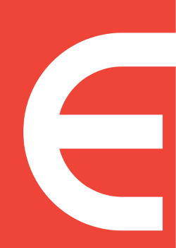 White letter 'e' on a red background