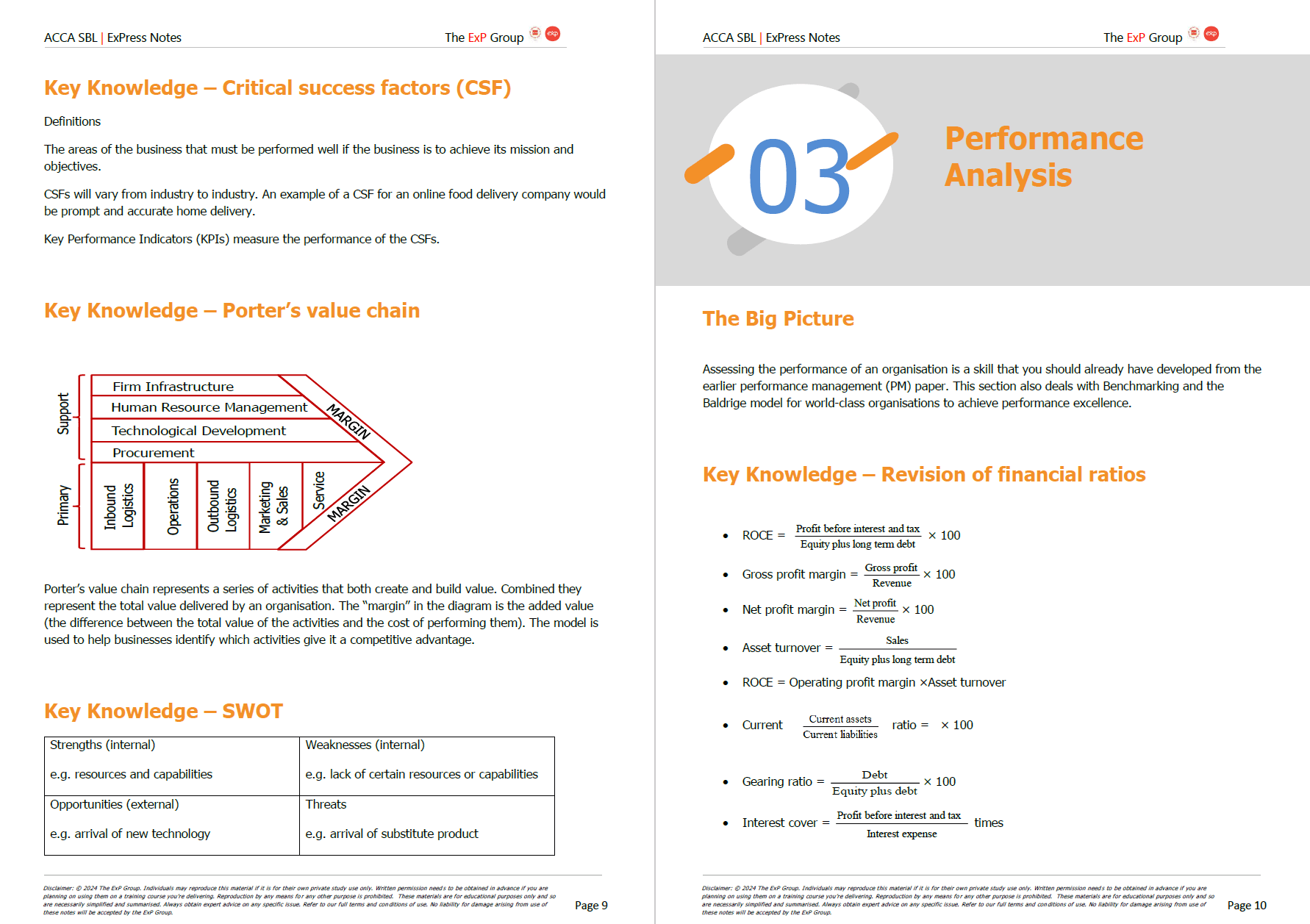 Pages from a book or document on Key Knowledge, Performance Analysis, and other topics with text and graphics.