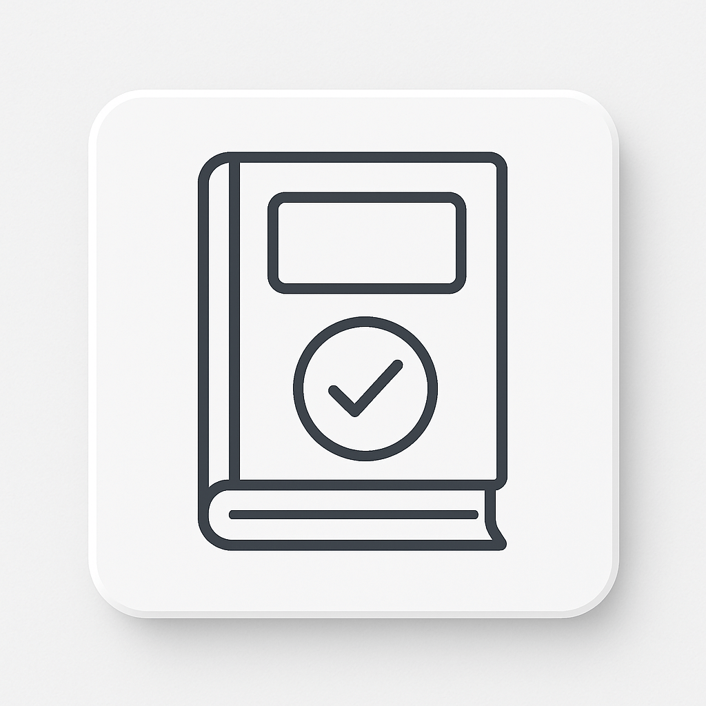 Line drawing of a book with a check mark on a light gray background