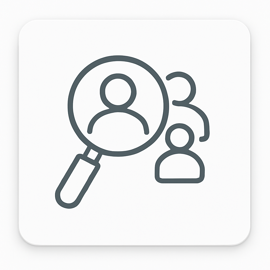 Icon of a magnifying glass with two people inside on a white background