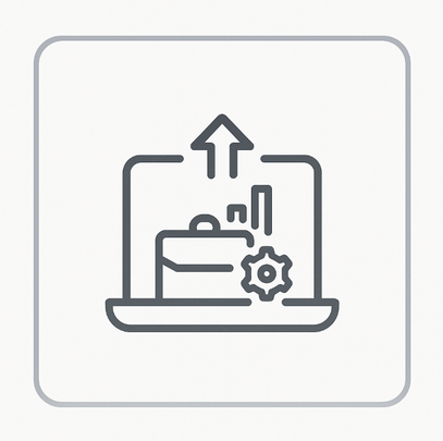 Flat minimalist icon featuring a laptop with an upward arrow, briefcase, bar chart, and gear on the screen, symbolising how learning providers can instantly expand their offering with ExP’s ready-made online finance courses