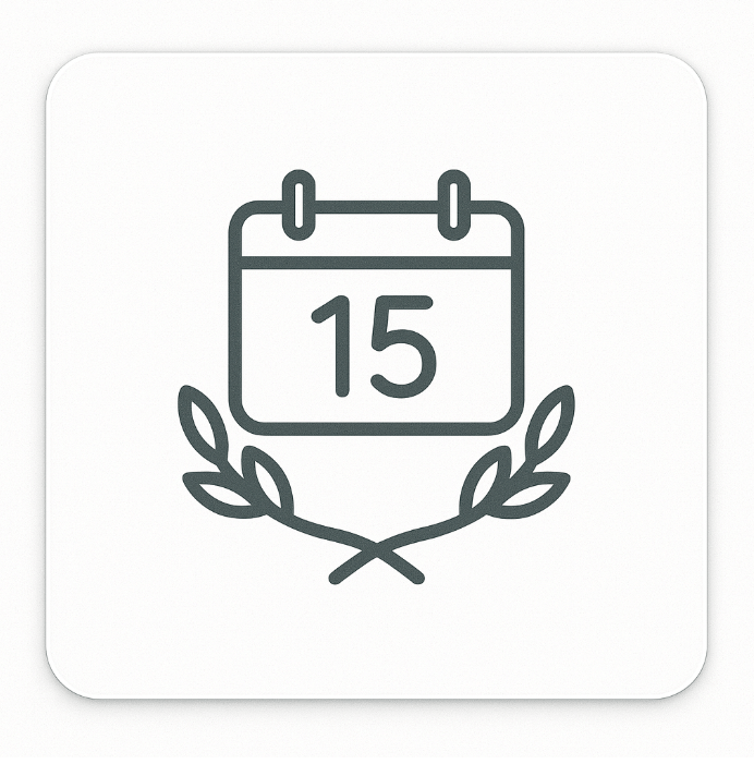 Calendar icon with number 15 surrounded by leaves on a white background