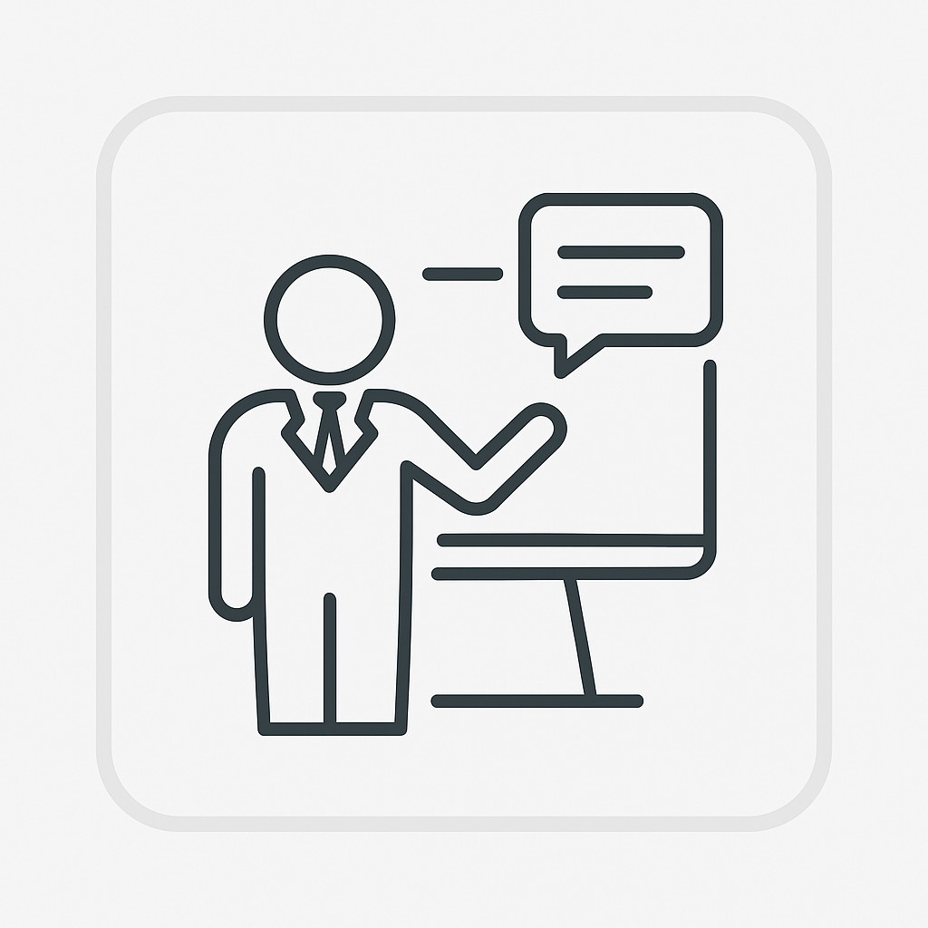 Icon of a person giving a presentation with a speech bubble, on a light gray background.