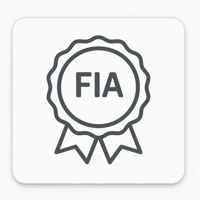 Flat minimalist icon depicting a circular badge with ribbon tails and the text “FIA” in bold sans-serif font, representing the Foundations in Accountancy qualification.