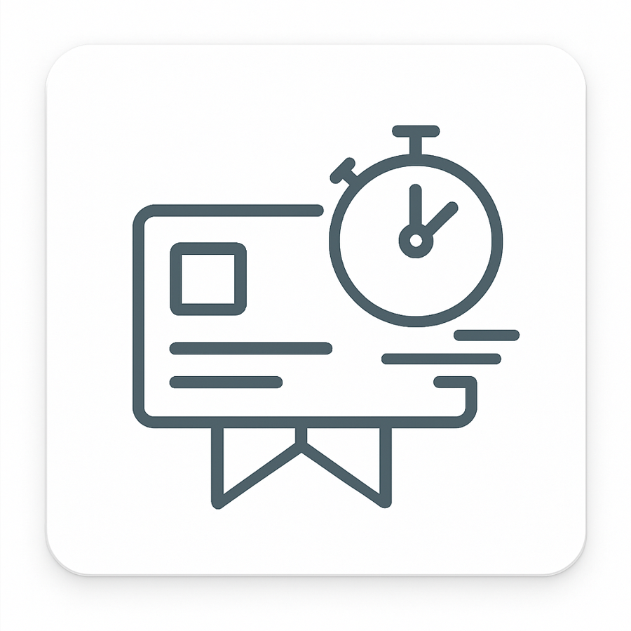 Icon of a stopwatch next to a checkmark on a white background