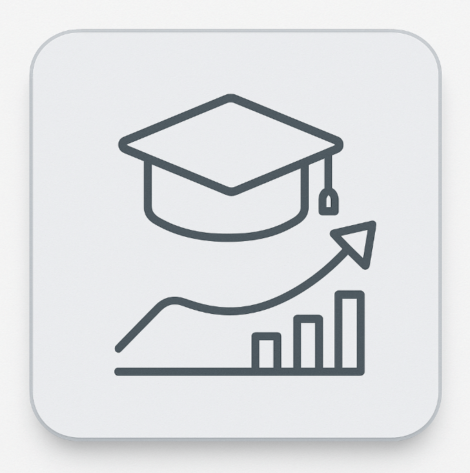 Flat minimalist icon featuring a graduation cap above an upward arrow and bar chart, symbolising ACCA’s flexible learning pathway that allows students to progress at their own pace from foundational to professional level.