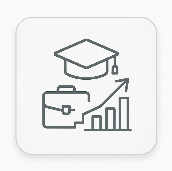 Flat minimalist icon featuring a graduation cap above a rising arrow and bar chart, symbolising the ACCA’s flexible study pathway that allows learners to progress at their own pace from foundational to professional levels.