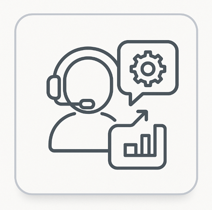 Flat minimalist icon depicting a customer support figure with a headset, gear in a speech bubble, and rising bar chart, symbolising ExP’s full onboarding and partner support from day one.