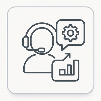 Flat minimalist icon depicting a customer support figure with a headset, gear in a speech bubble, and rising bar chart, symbolising ExP’s full onboarding and partner support from day one.