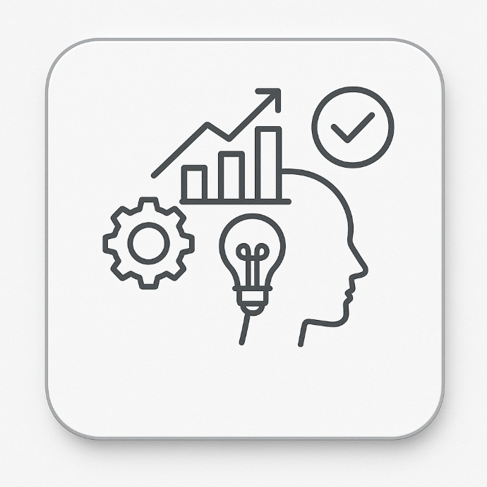 Minimalist icon showing a human head with a lightbulb, gear, bar chart, and checkmark — symbolising analytical thinking, innovation, and strategic decision-making — representing Future-Focused Skills on ExP’s CMA courses page.