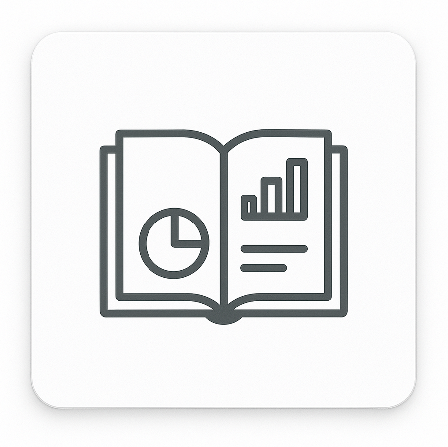 Icon of an open book with a pie chart and bar graph on a white background