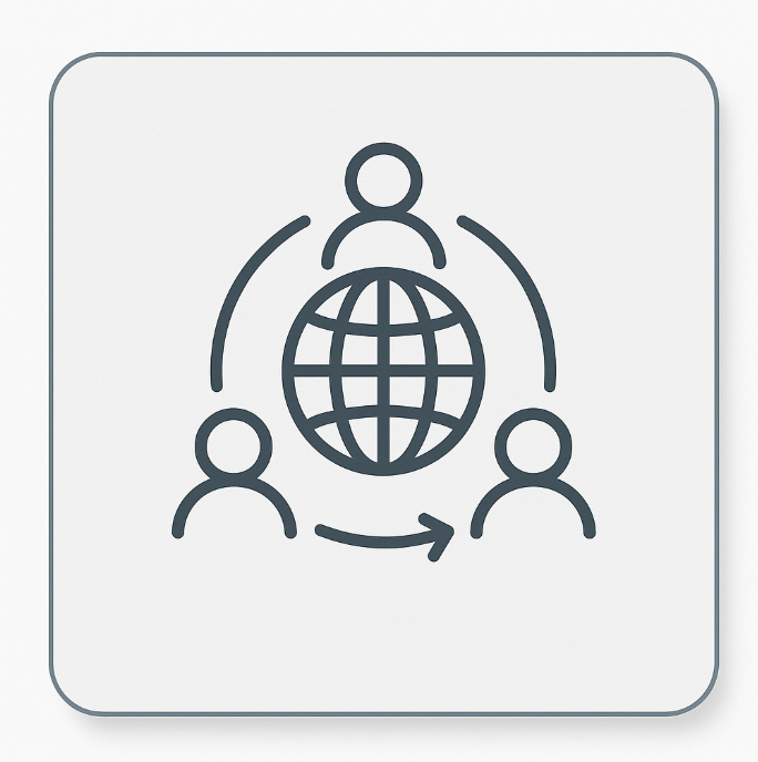 Flat minimalist icon featuring a globe connected to three human figures in a circular network, symbolising ACCA’s global community of members and students across more than 180 countries.