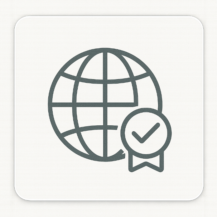 Flat minimalist icon showing a dark grey globe with latitude and longitude lines and a checkmark badge overlay, symbolising global recognition and worldwide respect for the ACCA qualification.