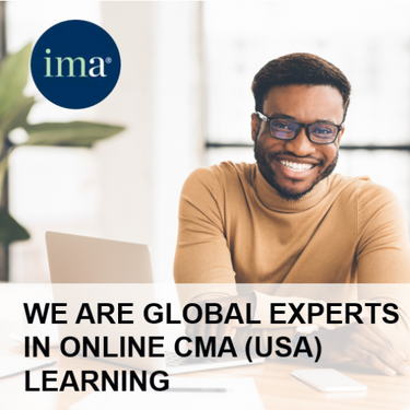 Smiling CMA (USA) candidate working at a laptop next to the IMA emblem, reflecting ExP’s leadership in global online CMA preparation.