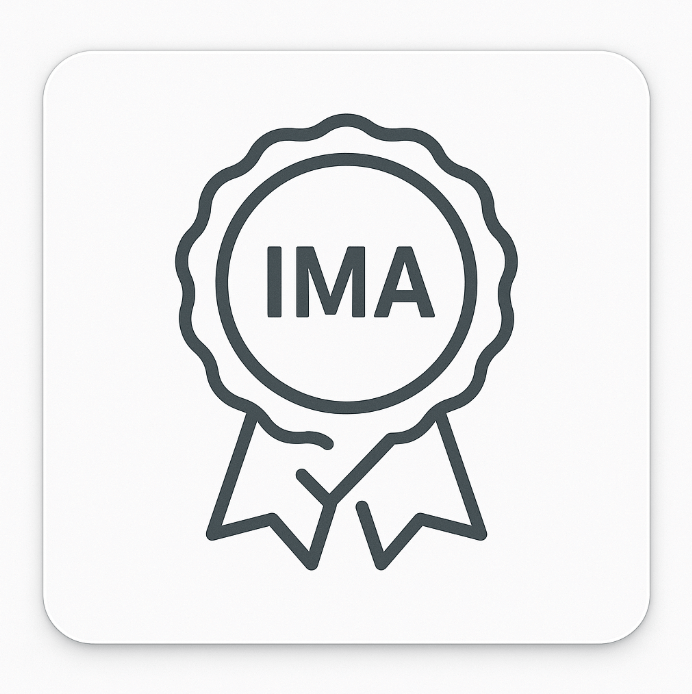 Line art icon of a badge with 'IMA' text on a white background
