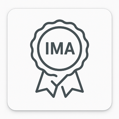 Line art icon of a badge with 'IMA' text on a white background