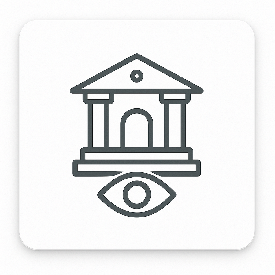Icon of a building with columns and an eye on a white background