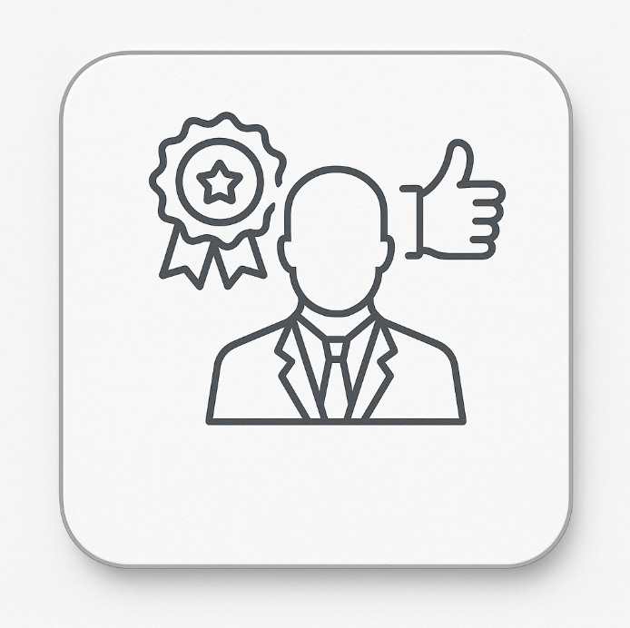 Minimalist icon showing a suited leader with a badge and thumbs-up symbol — representing confidence, achievement, and influence — illustrating the Leadership Edge theme on ExP’s CMA courses page.