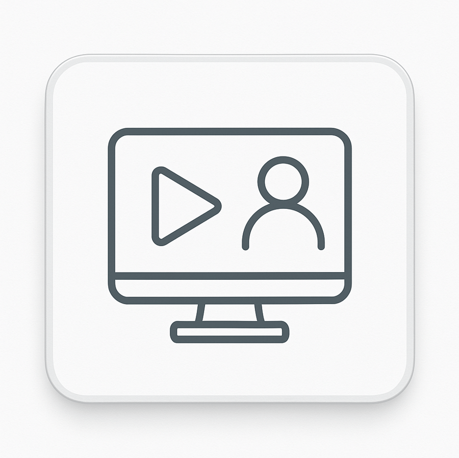Icon of a computer monitor with a play button and a person symbol on a white background